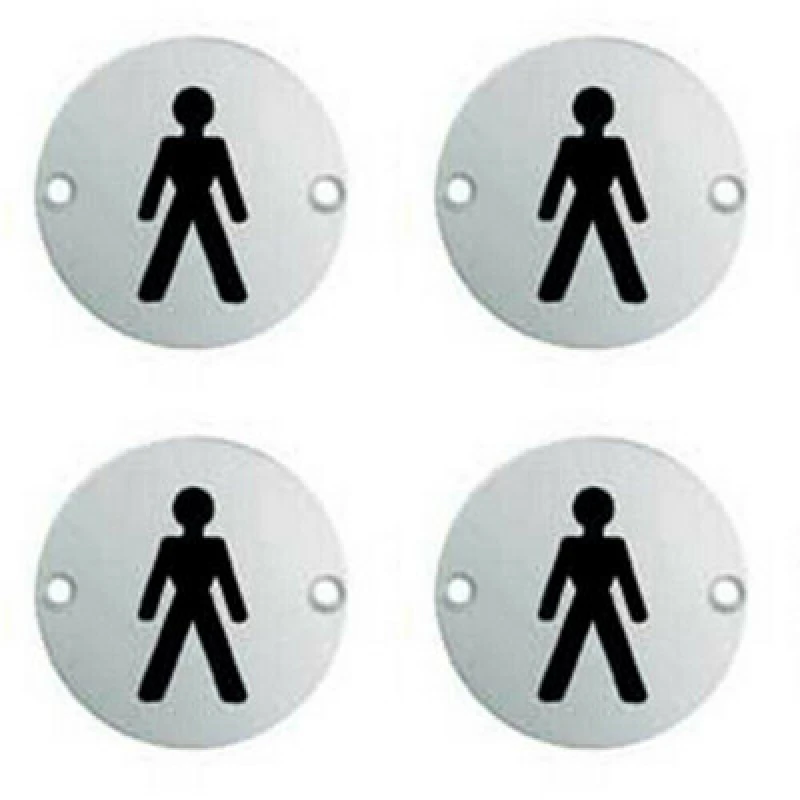Image of Loops 4x Bathroom Door Male Symbol Sign 64mm Fixing Centres 76mm Dia Polished Steel Metallics