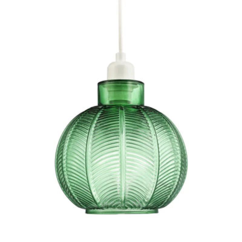 Image of Happy Homewares Designer Ribbed Leaf Themed Forest Emerald Green Glass Pendant Lighting Shade