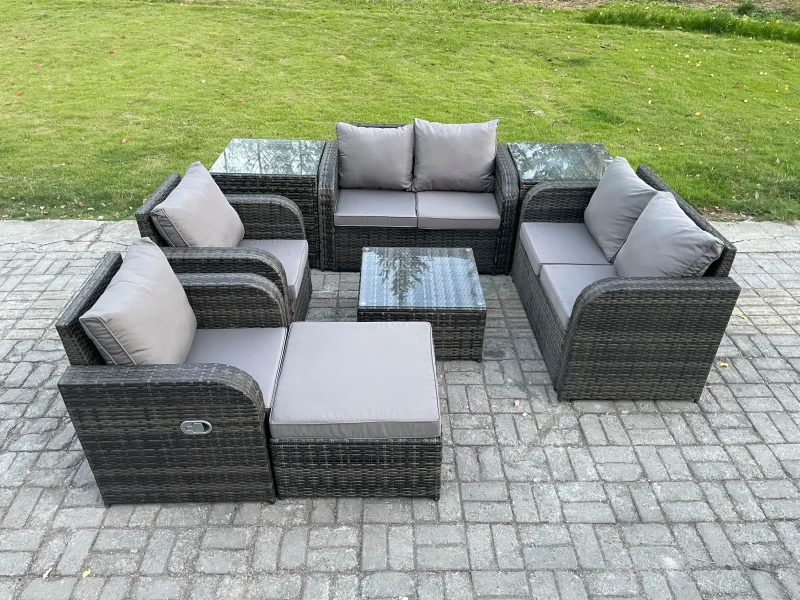 Image of Fimous 7 Seater Rattan Sofa Set Outdoor Garden Furniture Set with Square Coffee Table Loveseat Sofa Reclining Chairs 2 Side Tables Big Footstool Dark