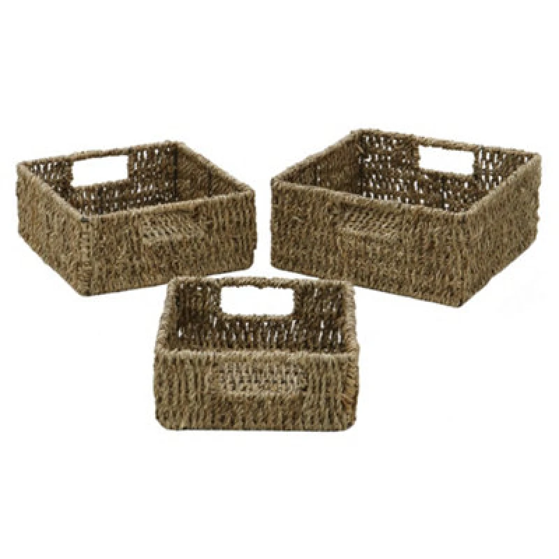 Image of Jvl Seagrass Square Storage Baskets With Inset Handles, Set Of 3