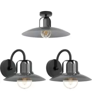 Image of Low Ceiling Light & 2x Matching Wall Lights Black Nickel Modern Dome Shade