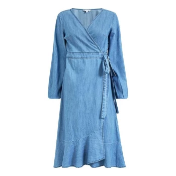 Image of Yumi Blue Denim Wrap Dress With Long Sleeve - Blue