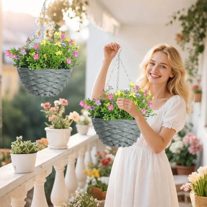 Image of HOMCOM Set of 2 Artificial Cosmos Flowers, Hanging Planters with Basket Multicolor Unisex