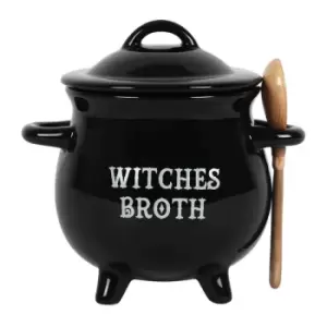 Image of Witches Broth Cauldron Soup Bowl With Broom Spoon