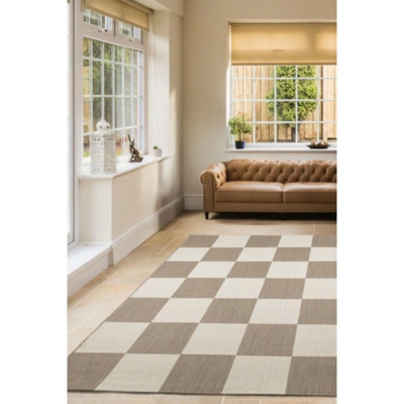 Image of Melrose Eden County Chequered Indoor Outdoor Natural 1mm Pile Height Medium Area Rug - 120/170Cm