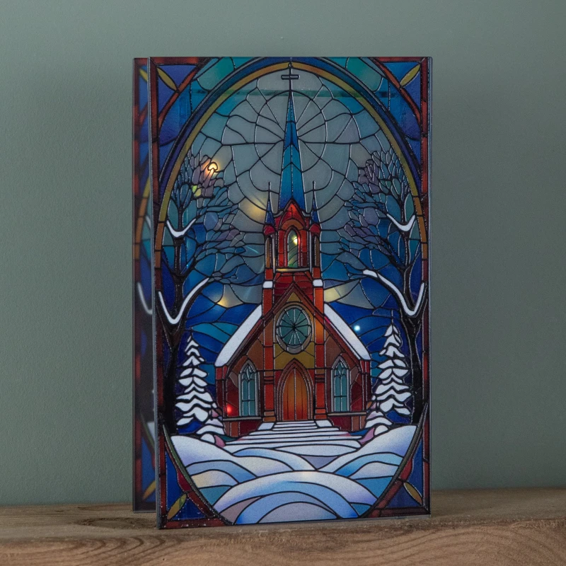 Image of 21cm Battery Operated Light up Double Sided Stained Glass Victorian Church Decoration with LEDs