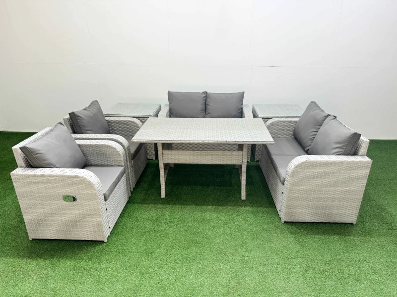 Image of Fimous 6 Seater Outdoor Reclining Chair Love Sofa Set Rattan Garden Furniture Set with Rectangular Dining Table 2 Side Tables Light Grey Light Grey
