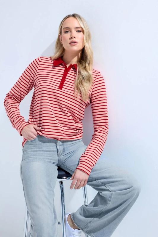 Image of Long Tall Sally Womens Tall Stripe Polo T-Shirt in Pink Size: 20 Pink Female 20