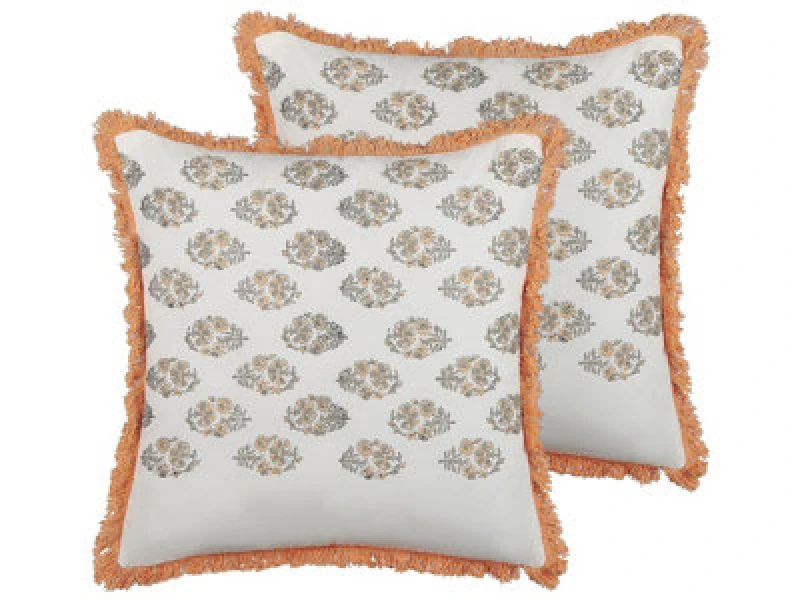 Image of Beliani Set Of 2 Decorative Cushions Sativus Cotton 45 X 45cm Orange Floral Pattern