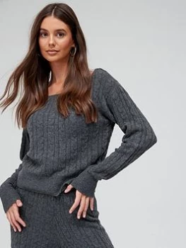 Image of Guess Scoop Neck Cable Knit Cosy Jumper - Medium Heather Grey, Size S, Women