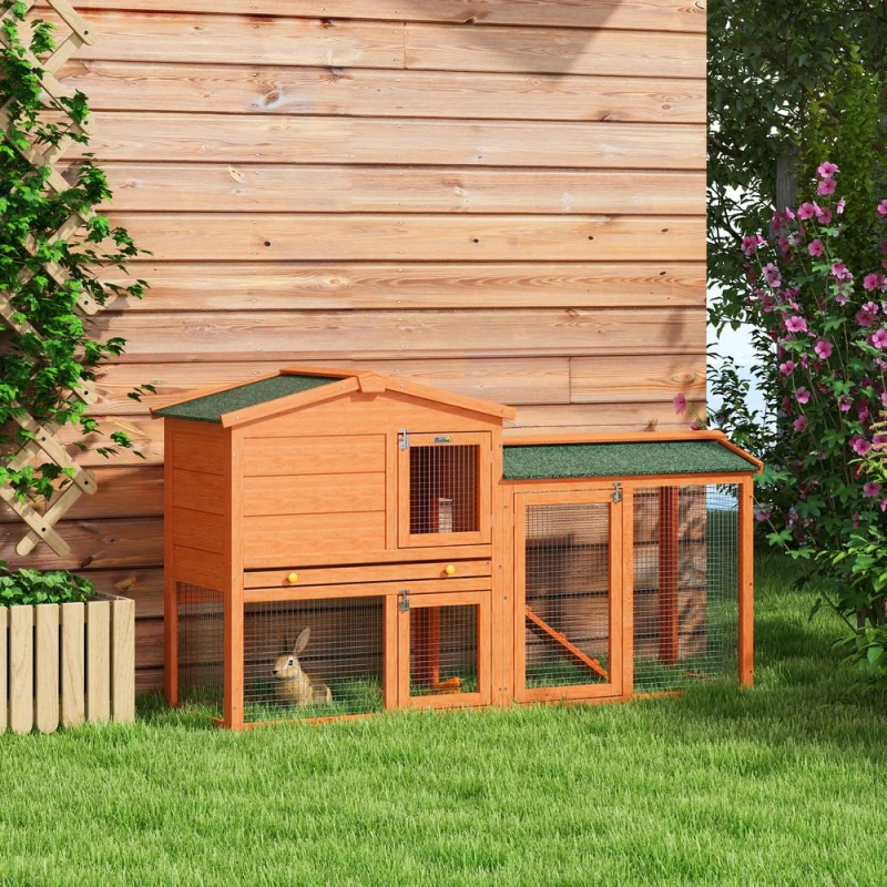 Image of PawHut Wooden Rabbit Hutch with Run, Ramp, Slide-Out Tray - Pawhut 5056725532703