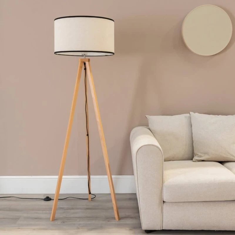 Image of ValueLights ValueLights Barbro Wood Tripod Floor Lamp with Natural Linen with Trim Drum Shade in Black One Size Unisex 5059406057342