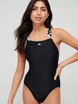 Image of adidas Tape Detail Swimsuit - Black, Size 40, Women
