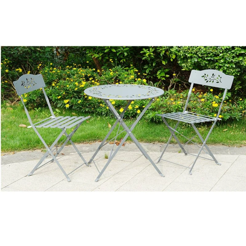 Image of Gr8 Garden Grey Leaf 3 Pcs Metal Garden Outdoor Folding Chairs Table Bistro Furniture Set Grey