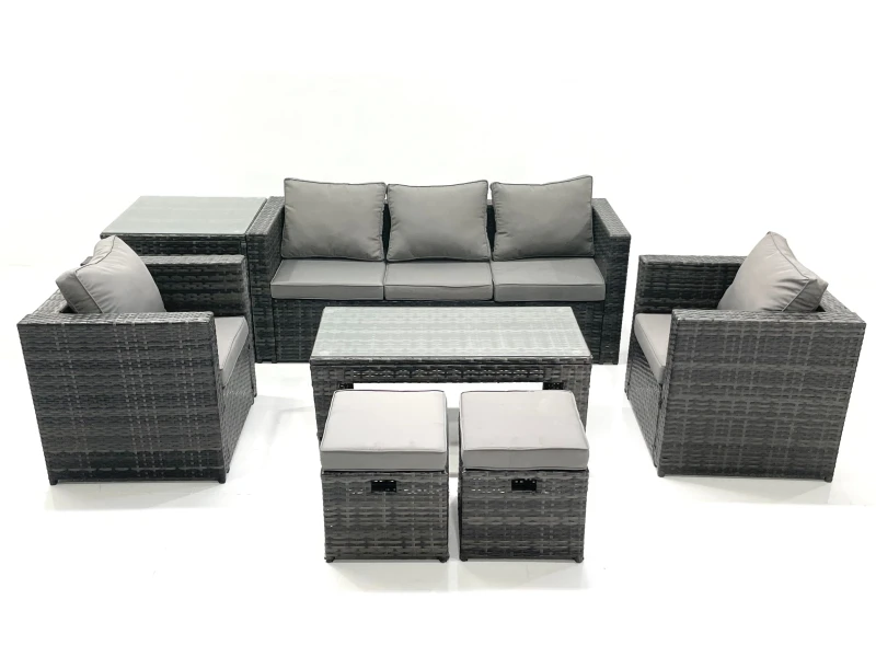 Image of Fimous Rattan Garden Furniture Set Outdoor Lounger Sofa with Coffee Table 2 Armchair 2 Small Footstools Side Table Dark Grey Mixed Dark Grey