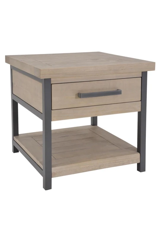 Image of FWStyle Driftwood Lacquered Solid Reclaimed Pine 1 Drawer Side Table Brown