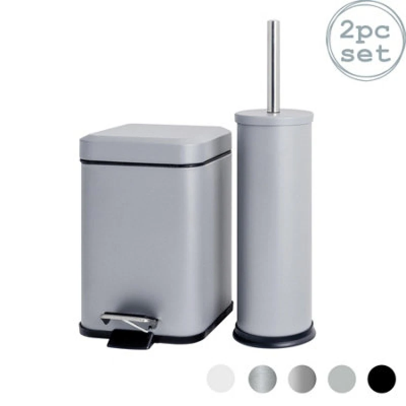 Image of Harbour Housewares Bathroom Bin & Toilet Brush Set - 3L - Matt Grey - Mismatched Stainless Steel Slim Trashcan Rubbish Bin & Brush