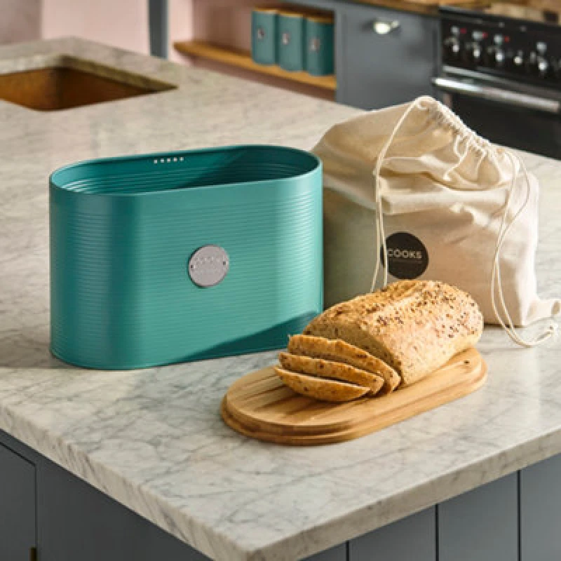 Image of Cooks Professional Ribbed Bread Bin With Linen Bag & 2-In-1 Bamboo Cutting Board Lid - Teal & Silver