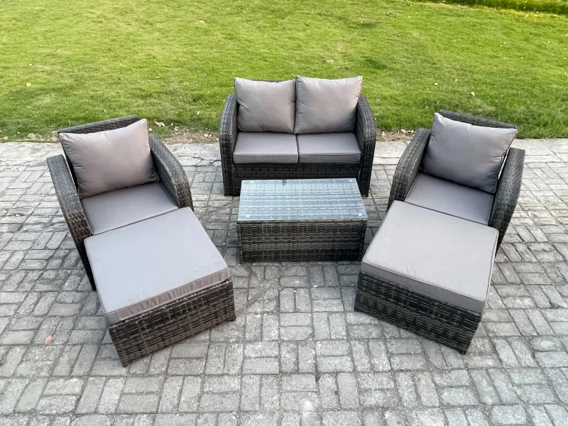 Image of Fimous 6 Seater Garden Furniture Set Rattan Outdoor Lounge Sofa Chair With Tempered Glass Table 2 Big Footstool Dark Grey Mixed Dark Grey