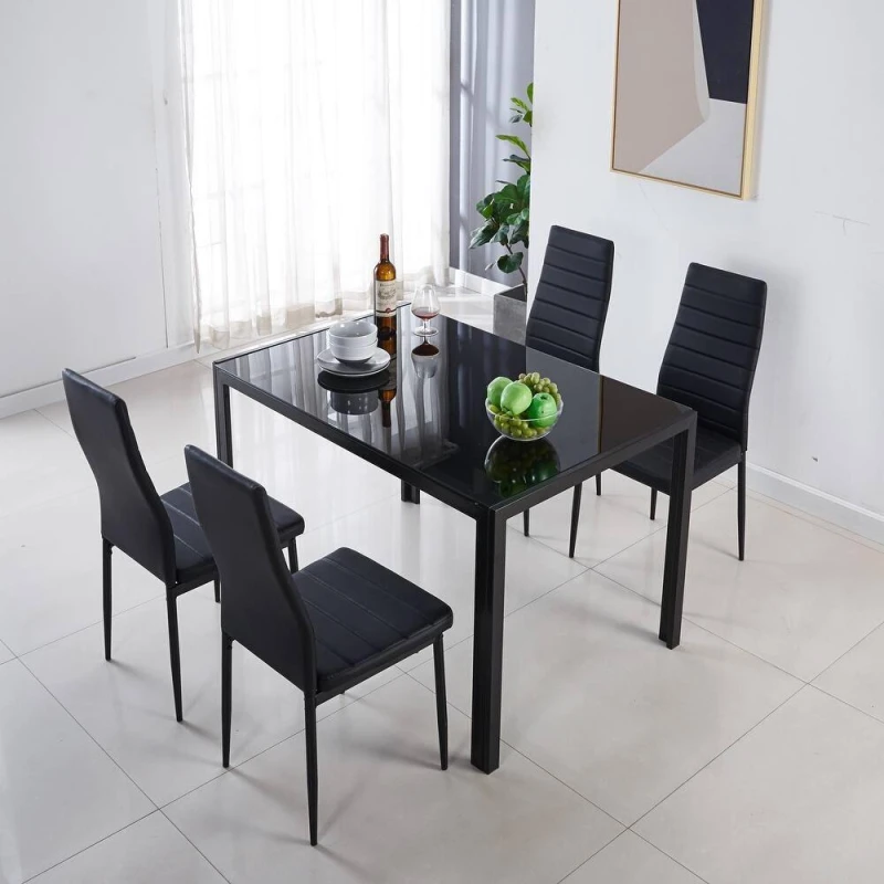 Image of KOSY KOALA Black Glass Table & 4 Black Faux Leather Chairs Set Dining Furniture Black Unisex
