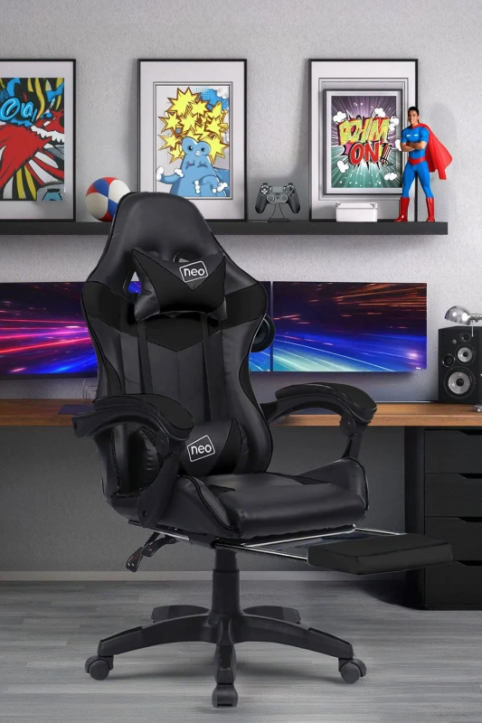 Image of Neo Foot Turbo Massage Leather Recliner PC Gaming Chair with Footrest in Black Unisex