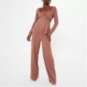 Image of Missguided Rib Belted Maternity Jumpsuit - Brown