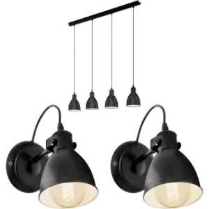 Image of Quad Ceiling Light & 2x Matching Wall Lights Black Industrial Hanging Trendy