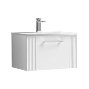 Image of Deco Satin White 600mm Wall Hung Single Drawer Vanity Unit with 30mm Curved Profile Basin - DPF194G - Satin White - Nuie