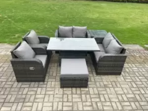 Image of Fimous 6 Seater Outdoor Dark Grey Rattan Lounge Complete Sofa Set with Adjustable Table, Side Table and Big Footstool