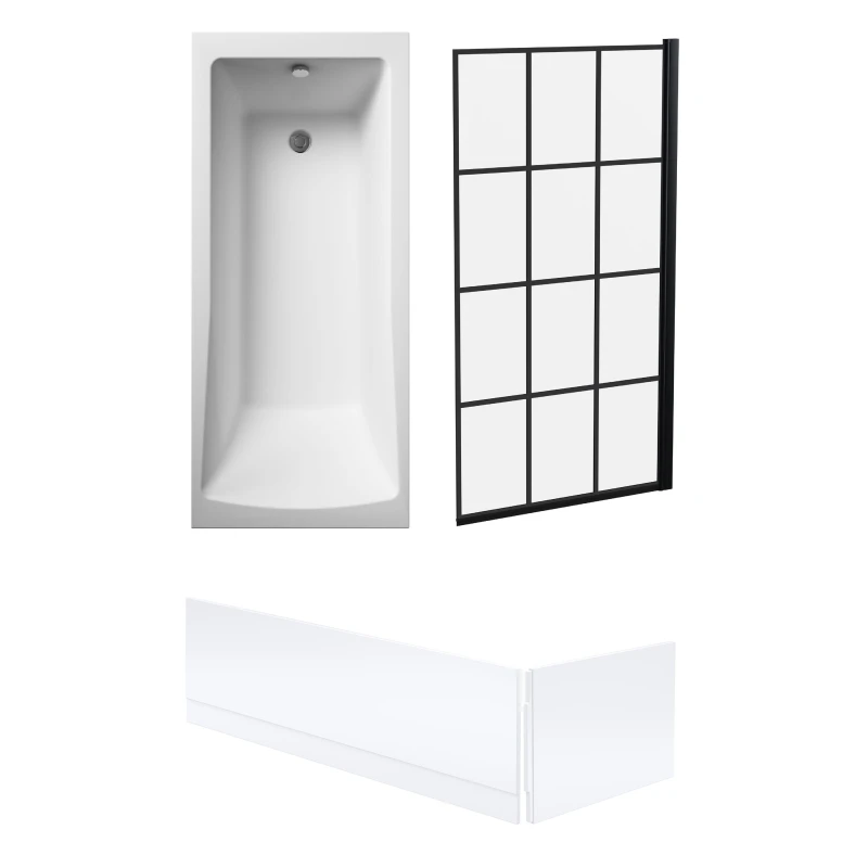 Image of Balterley Square Single Ended Bath Black Framed Screen and Panels 1700 x 700mm Black