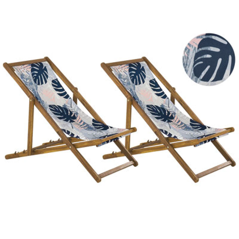 Image of BELIANI Set of 2 Folding Deck Chairs ANZIO with Replacement Fabrics Floral Motif Acacia Wood Light Brown 311287
