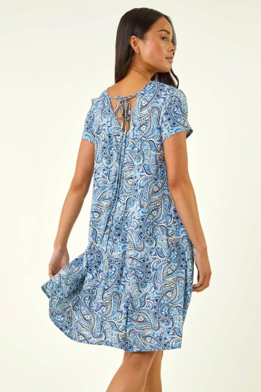 Image of Roman Womens Petite Paisley Pocket Swing Dress in Blue Size: 14 Blue Female 14