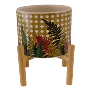 Image of Fernology Ceramic Candle Pot with Wooden Stand, Wicker Fern Design