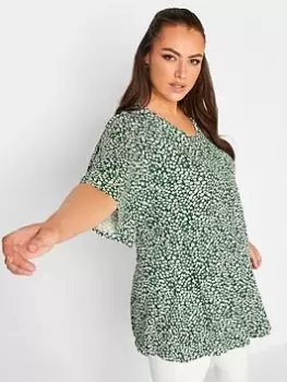 Image of Yours Ditsy Flower Print Pleat Angel Sleeve Swing T-Shirt, Green, Size 22-24, Women
