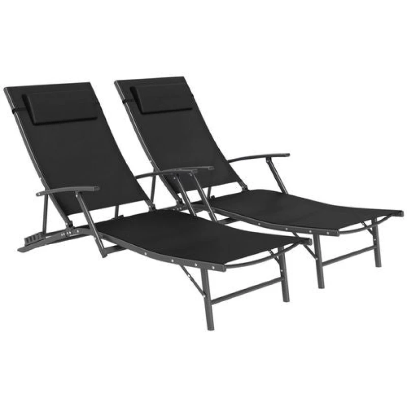 Image of Outsunny Set of 2 Garden Sun Loungers, Folding Chaise Lounge Chairs, Grey 84G-632V70GY