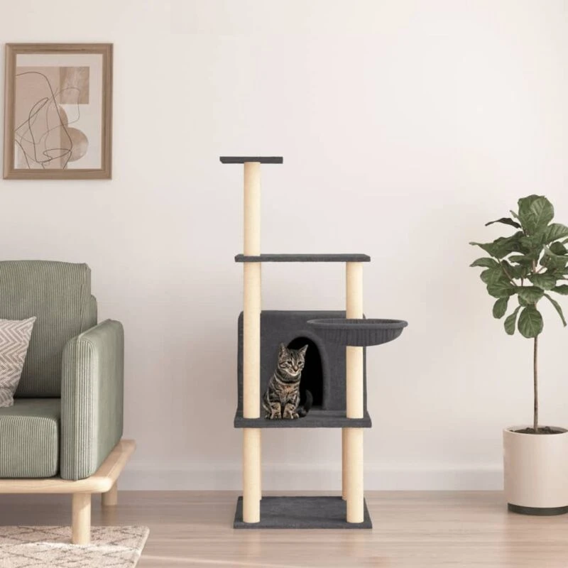Image of vidaXL Cat Tree w/ Sisal Scratching Posts Dark Grey 132cm, Grey 171728