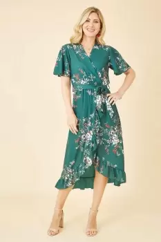 Image of Green Floral Dip Hem Wrap Midi Dress