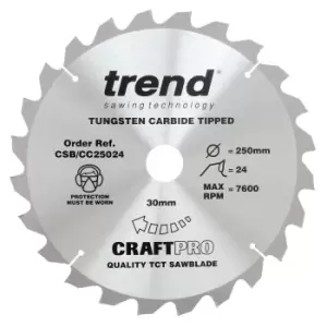 Image of Trend CRAFTPRO Wood Cutting Mitre Saw Blade 250mm 24T 30mm