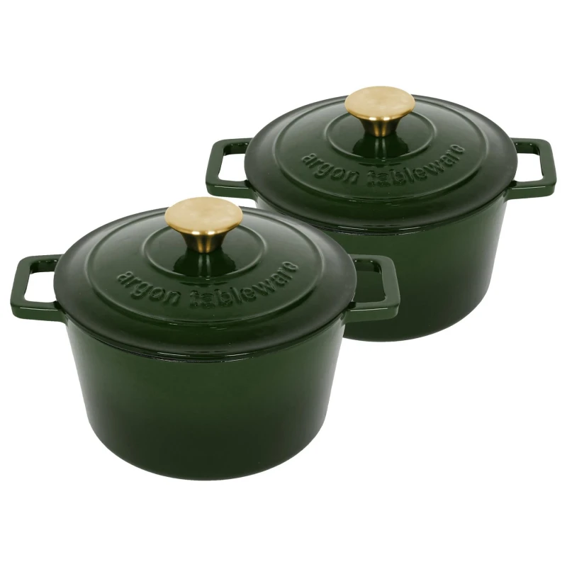Image of Argon Tableware 2x Round Cast Iron Casserole Dishes with Self Basting Lid - 2.8L in Green Green Unisex