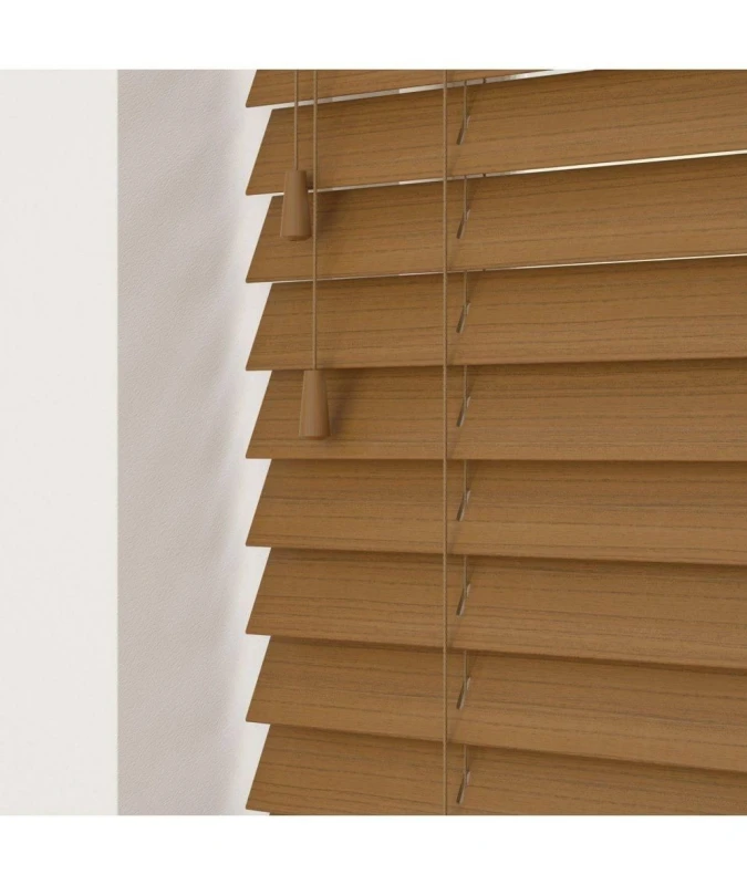 Image of New Edge Blinds Truffle 50mm Fine Grain Slatted Faux Wood Venetian Blinds with Strings 120cm Drop in Amber Size: 110cm width x 130cm drop Amber Un