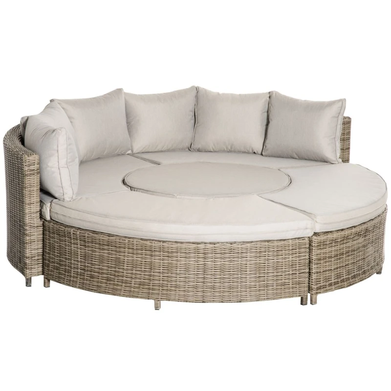 Image of Outsunny 5 PCs Outdoor Rattan Lounge Chair Round Daybed Table Conversation Set w/ Cushion Grey