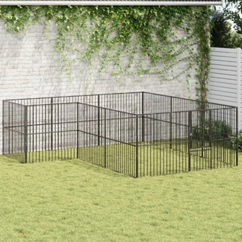 Image of vidaXL Dog Playpen 12 Panels Black Galvanised Steel, Black 3209558