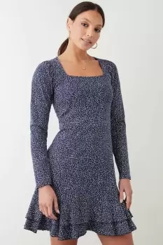 Image of Navy Spot Ruffle Hem Mini Dress