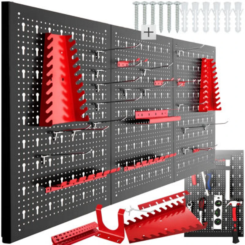 Image of Tectake Tool Pegboard Jonah - Hooks And Holders 3-Panel - Black/red