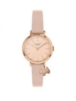 Image of Radley Rose Gold Detail Glitter Dial With Dog Charm And Blush Leather Strap Ladies Watch