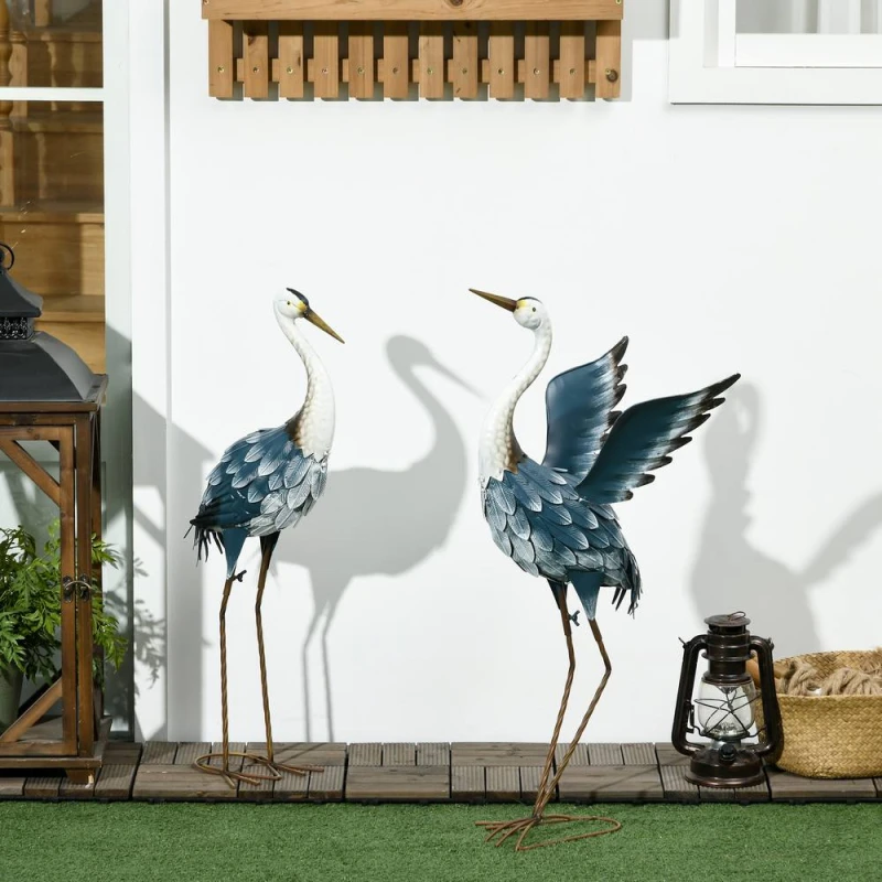 Image of OUTSUNNY Heron Garden Statues, Metal Garden Gift with Stakes, Blue & White Size: Large Blue Unisex Large
