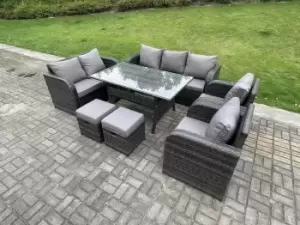 Image of Fimous 7 Seater Outdoor Dark Grey Rattan Lounge Complete Sofa Set with Regular Dining Table and 2 Stools