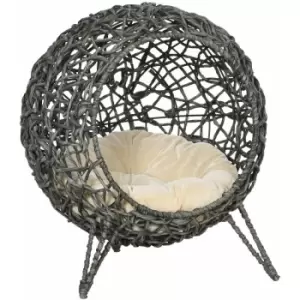 Image of PawHut Rattan Elevated Cat House Kitten Bed Pet Furniture w/ Cushion Grey - Grey