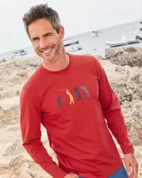 Image of Cotton Traders Mens Long Sleeve Printed T-Shirt in Red