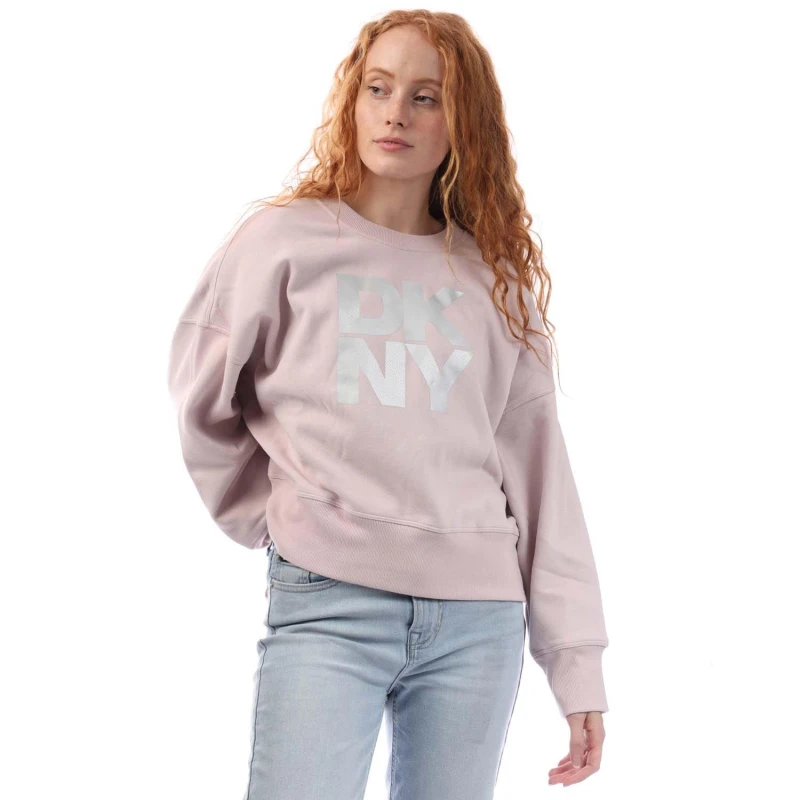 Image of DKNY Foil Logo Crew Neck Sweat White Silver female L